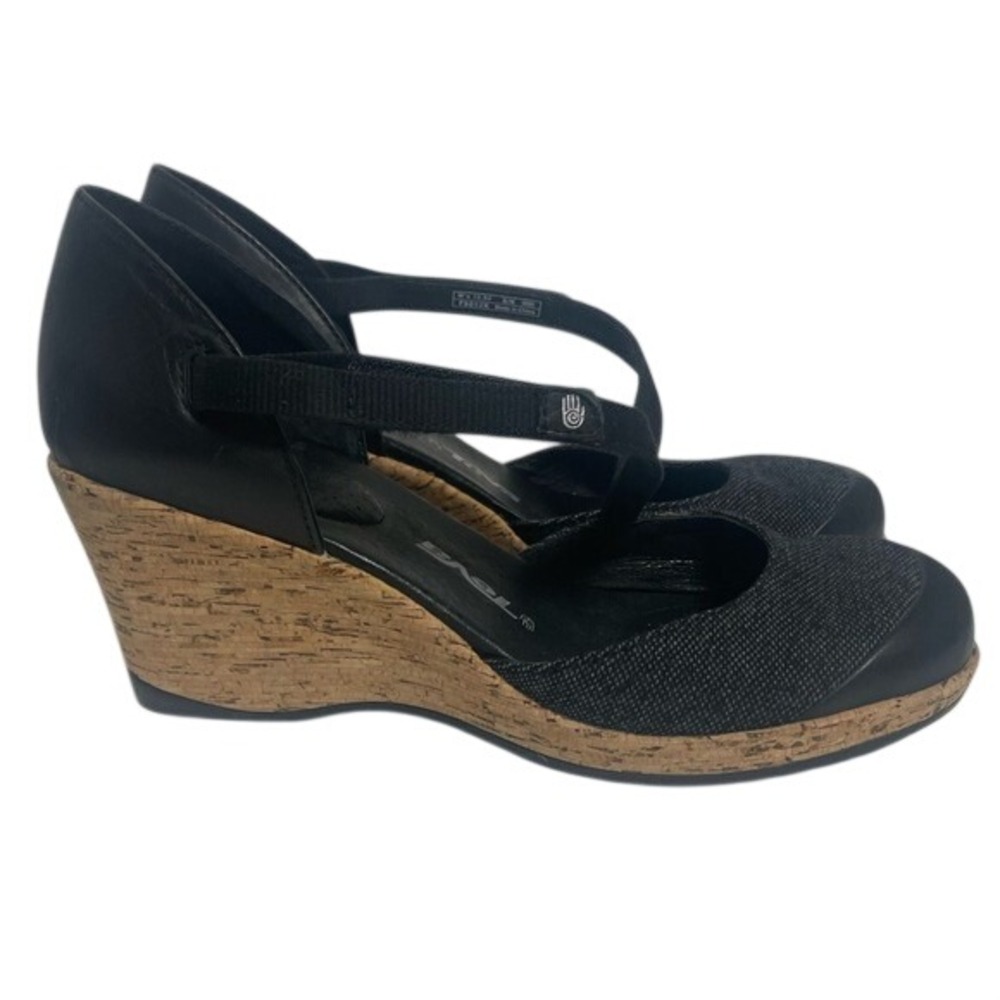 TEVA Riviera Black Leather Cork Wedge Mary Jane Shoes‎ Womens 10.5